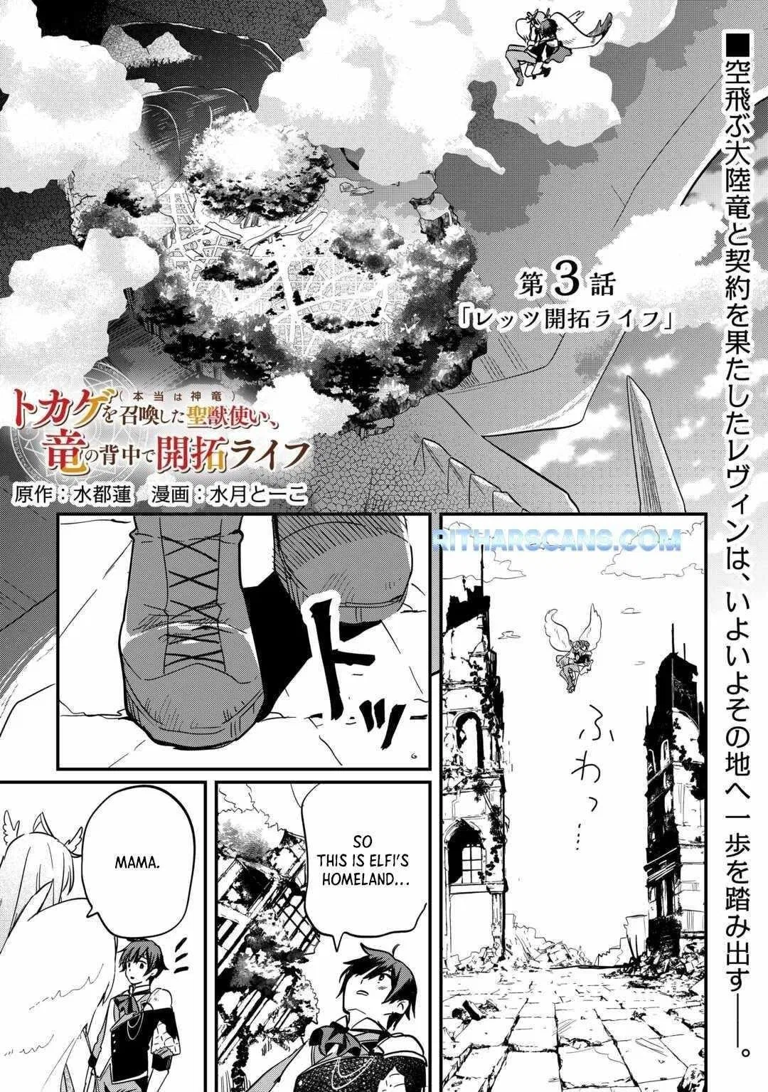Tokage (Hontou wa Shinryuu) wo Shoukan Shita Seijuu Tsukai, Ryuu no Senaka de Kaitaku Life Chapter 3 – Page 1